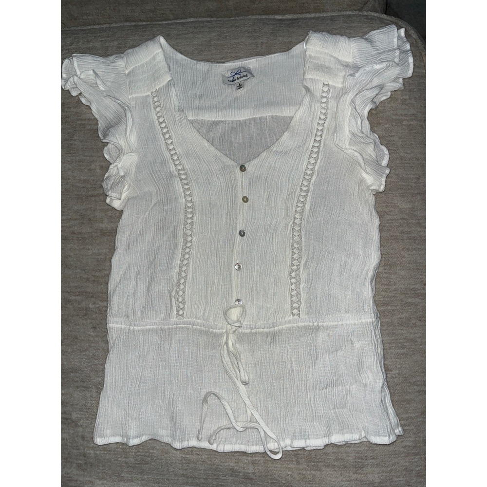Twine & String White Gauze Ruffle Sleeve Button Front Boho Blouse Large